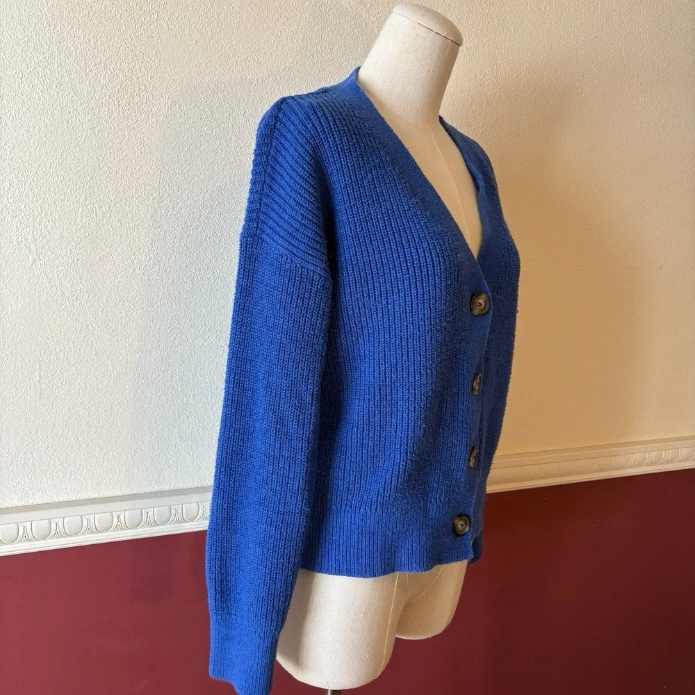 Old Navy Linen Cotton Blend Cardigan Blue V-neck Button Front Sweater Women's M - Picture 2 of 12